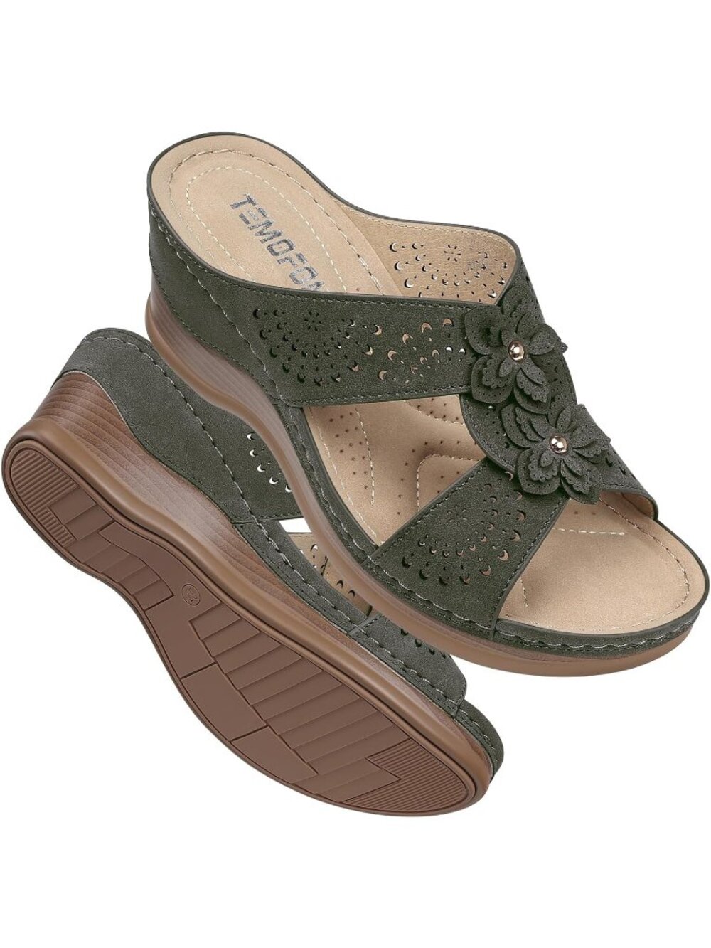 Women's Green Wedge Sandals Leather Comfortable Walking Fit Wide Foot Shoes